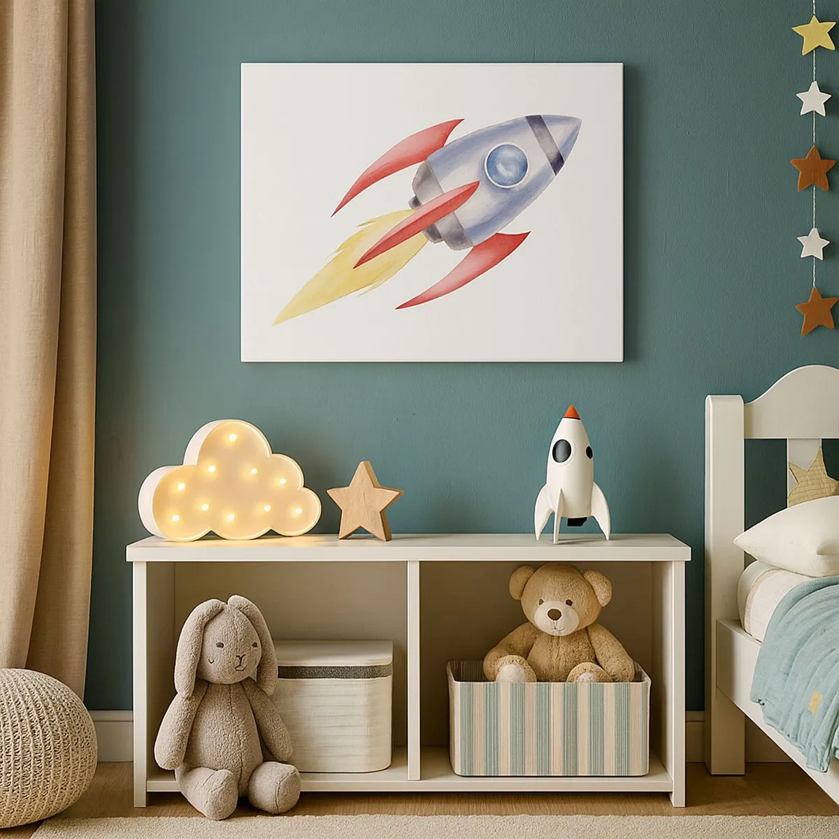 Vászonkép - Akvarell stílusú rakéta fehér alapon - 70x50cm - Magasabbra, gyorsabban, messzebbre - Modern fali dekoráció nappalihoz és hálószobához ARTTOR