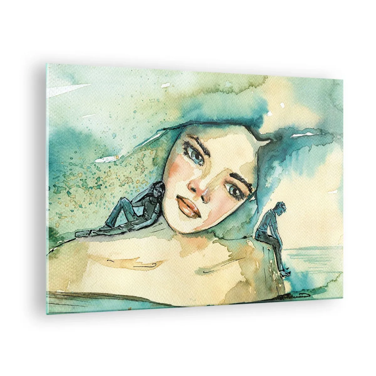Üveg kép - Nő portréja akvarell stílusban, alakok sziluettjeivel - 70x50cm - Am I blue? - Modern fali dekoráció nappalihoz és hálószobához ARTTOR