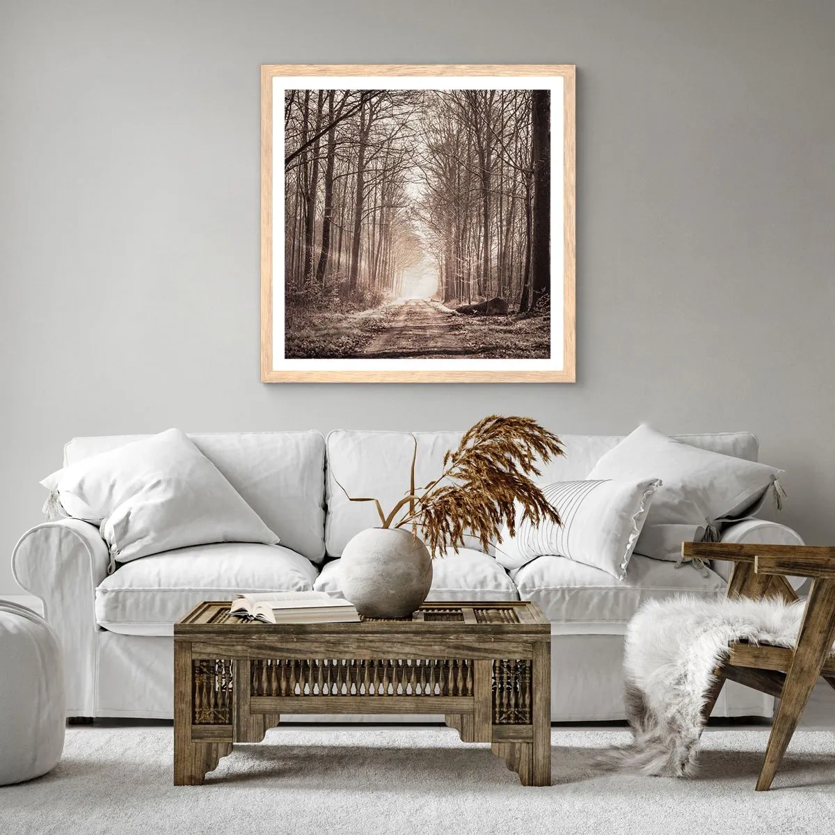 Poszter világos tölgy keretben - Erdei katedrális - 60x60 cm