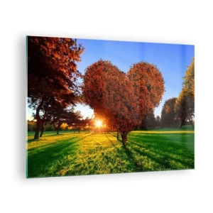 Üveg kép - Egy szív alakú fa a lenyugvó nap hátterében - 70x50cm - És hogyan ne szeressük az őszt - Modern fali dekoráció nappalihoz és hálószobához ARTTOR