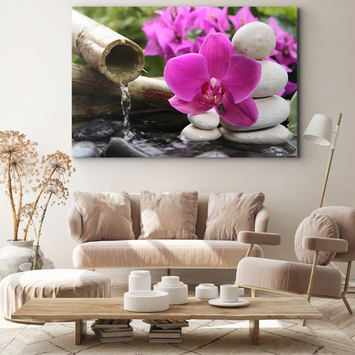 Vászonkép - Lila orchidea, kövek és bambusz vízzel, pihentető környezetben - 70x50cm - Már pihensz - Modern fali dekoráció nappalihoz és hálószobához ARTTOR