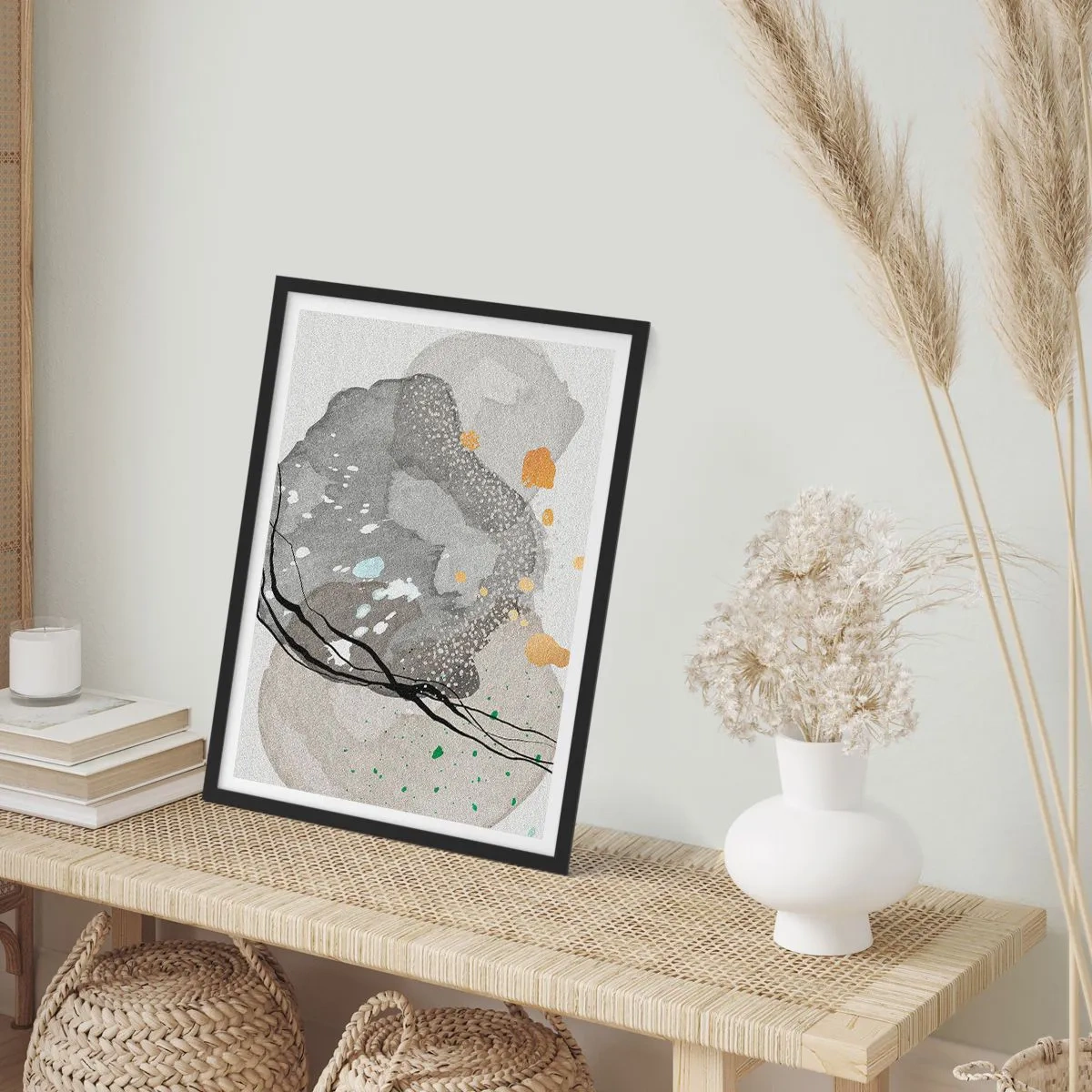 Poszter fehér keretben - Organikus formák kompozíciója szürke és arany árnyalatokban. - 50x70cm - Organikus kompozíció - Modern fali dekoráció nappalihoz és hálószobához ARTTOR