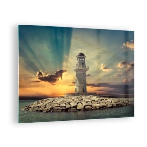 Üveg kép - Egy világítótorony a lenyugvó nap hátterében - 70x50cm - Fény - Jóság - Szépség - Modern fali dekoráció nappalihoz és hálószobához ARTTOR