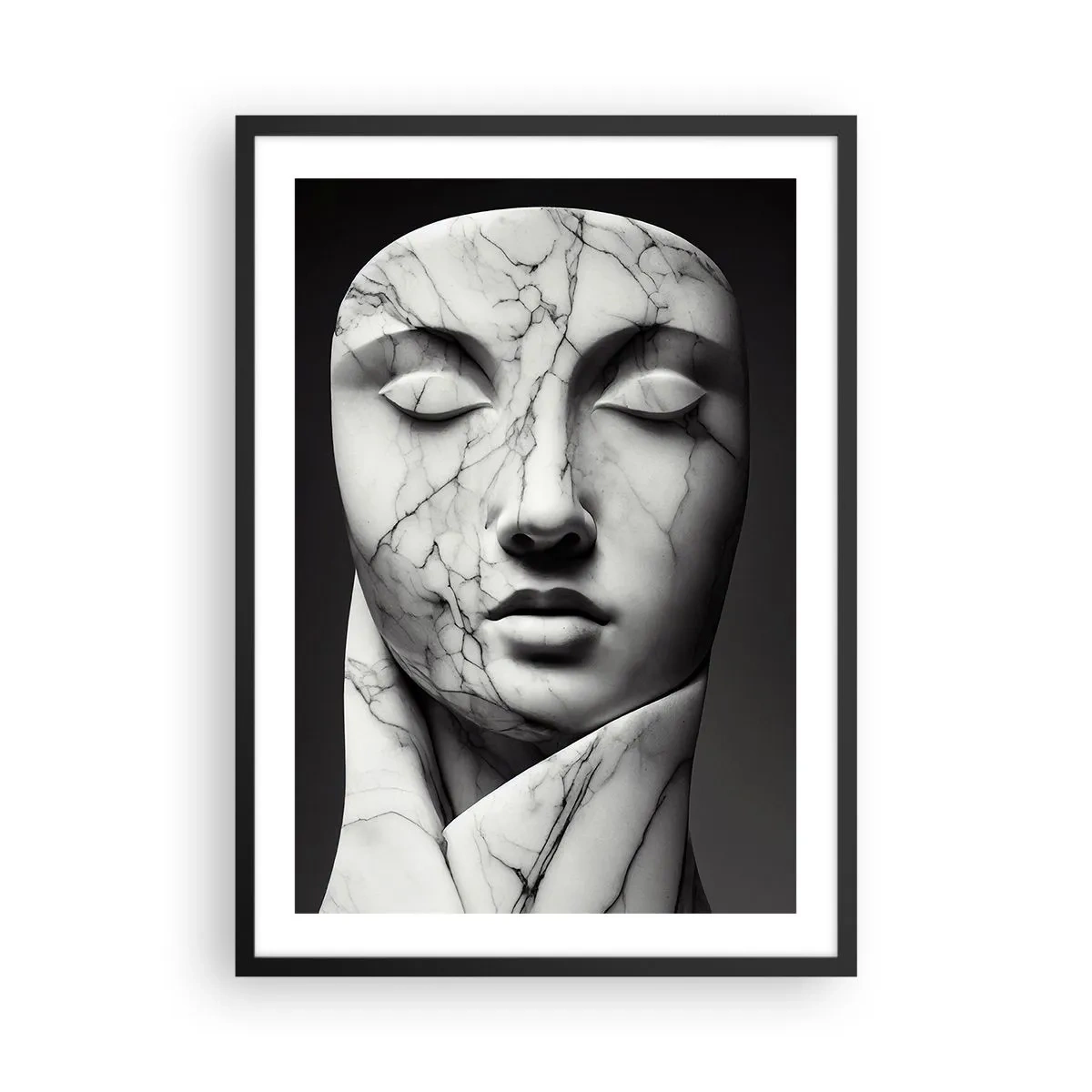 Poszter fehér keretben - Márvány szobor arc csukott szemmel, fekete háttér előtt - 50x70cm - Márvány formák - Modern fali dekoráció nappalihoz és hálószobához ARTTOR