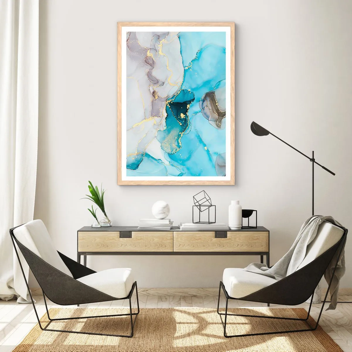 Poszter világos tölgy keretben - Tanulmány a szürke és a türkiz találkozásáról - 70x100 cm