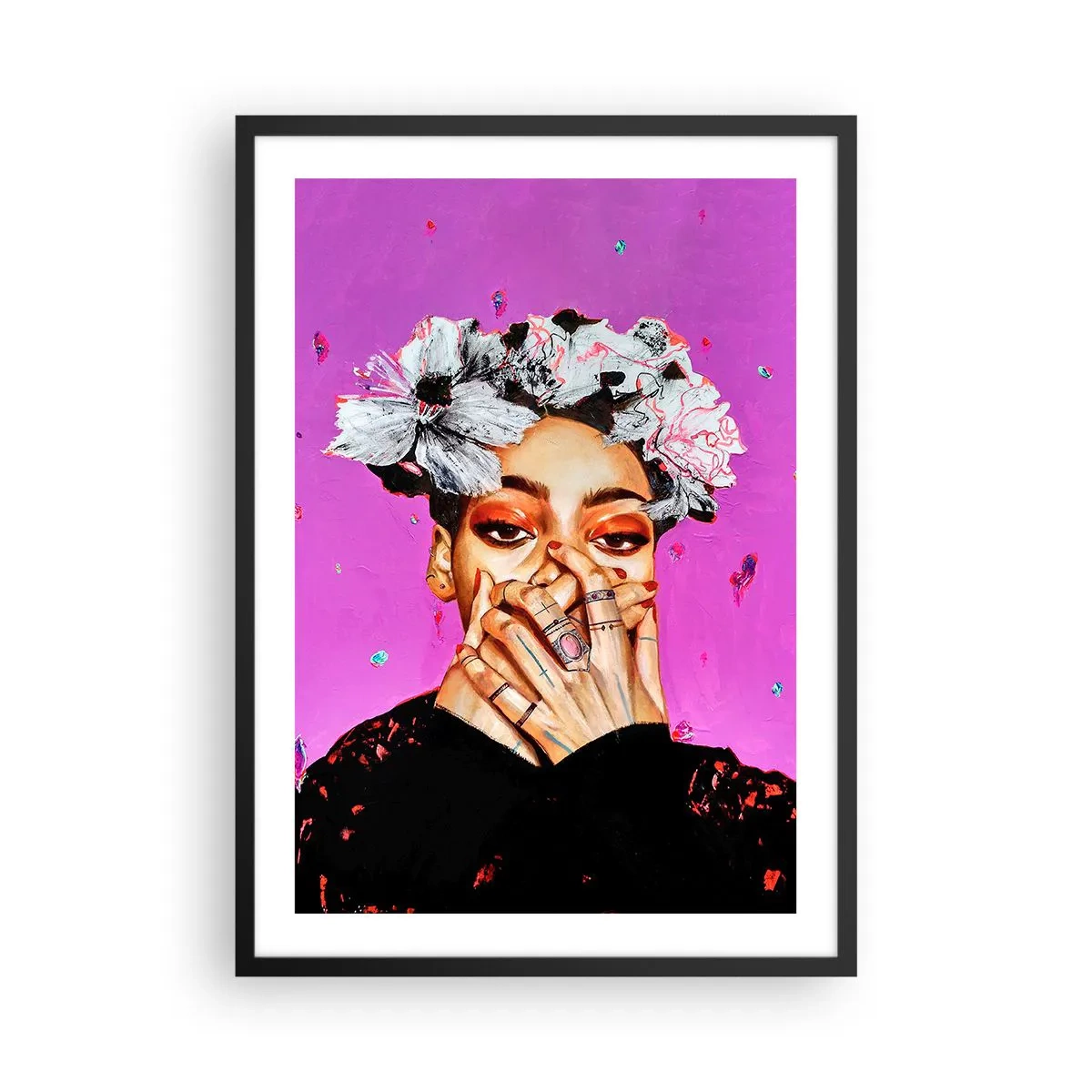 Poszter fehér keretben - Egy kifejező portré egy nőről intenzív rózsaszín háttér előtt. - 50x70cm - Egy kis őrültség - Modern fali dekoráció nappalihoz és hálószobához ARTTOR