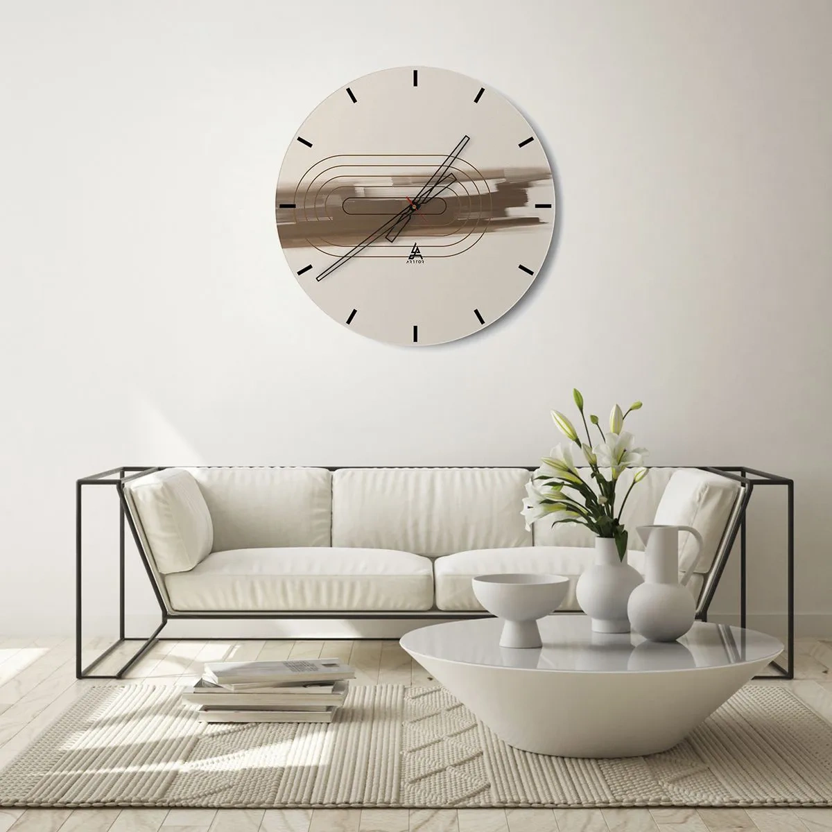 Falióra, Óra - Minimalista minta vonalakkal és bézs háttérrel. - 30x30cm - Szürke fuvallat - Modern fali dekoráció nappalihoz, konyhához és hálószobához ARTTOR