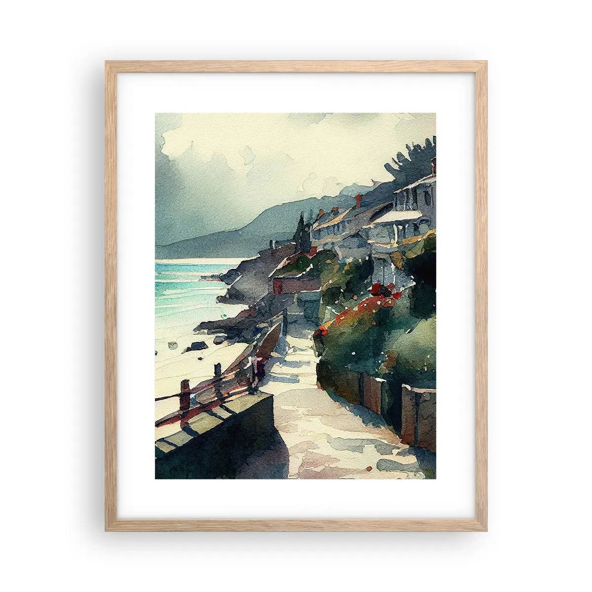 Poszter világos tölgy keretben - Mediterrán város - 40x50 cm