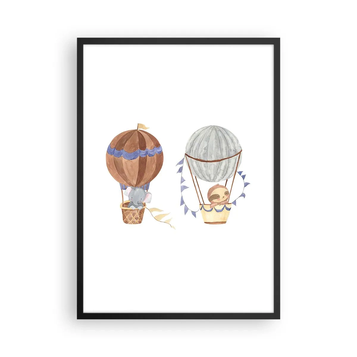 Poszter fehér keretben - Aranyos állatok lufikban, fehér alapon, akvarell stílusban - 50x70cm - Barátok egy utazáson - Modern fali dekoráció nappalihoz és hálószobához ARTTOR