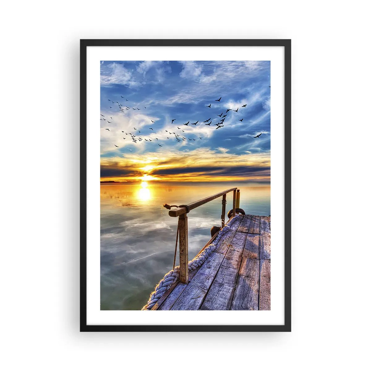 Poszter fehér keretben - Fából készült móló a tó felett naplementekor - 50x70cm - Megnyugszik a szél - Modern fali dekoráció nappalihoz és hálószobához ARTTOR