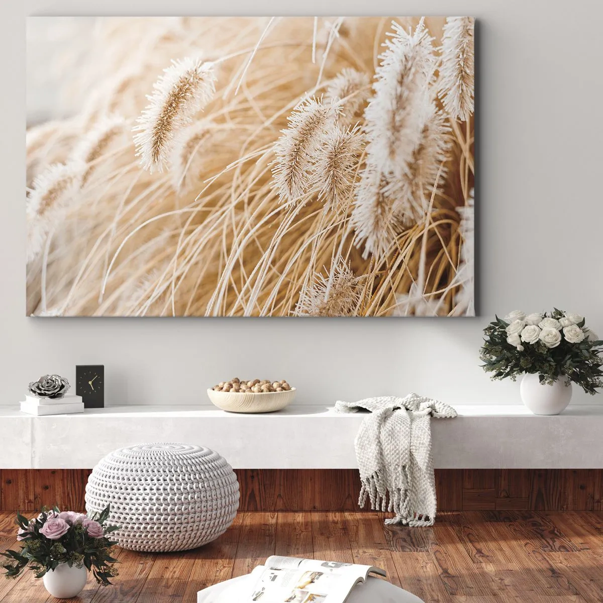 Vászonkép - Aranyló, finom fűszálak közeli képe a napfényben - 70x50cm - A fű arany susogása - Modern fali dekoráció nappalihoz és hálószobához ARTTOR