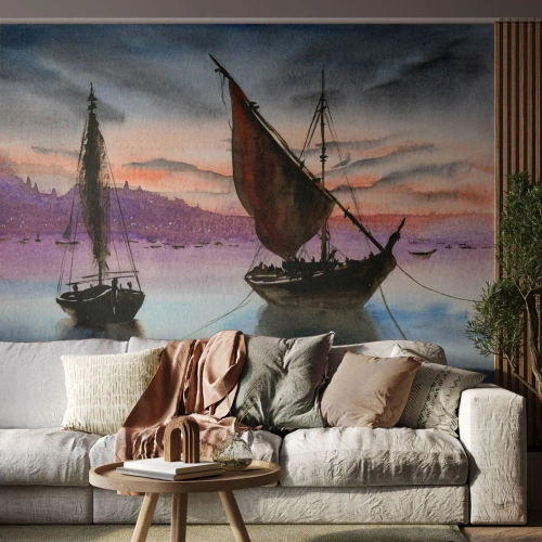 Fotótapéta Premium Sand - Este a kikötőben - Vitorlások, Tengerpart, Tájkép - 100x70 cm