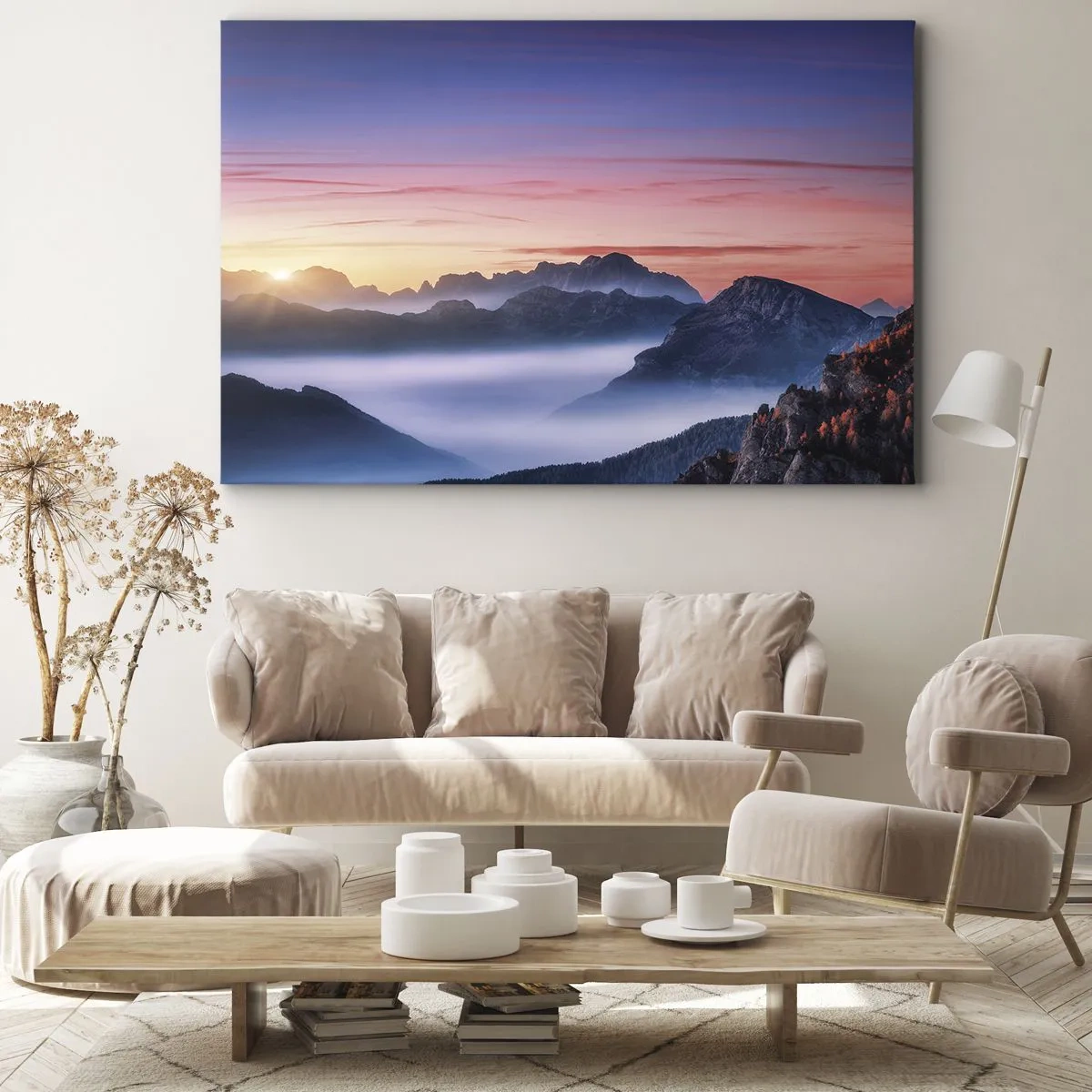 Vászonkép - Hegyi táj napkeltekor, köddel a völgyekben - 70x50cm - A völgyek fölött - Modern fali dekoráció nappalihoz és hálószobához ARTTOR