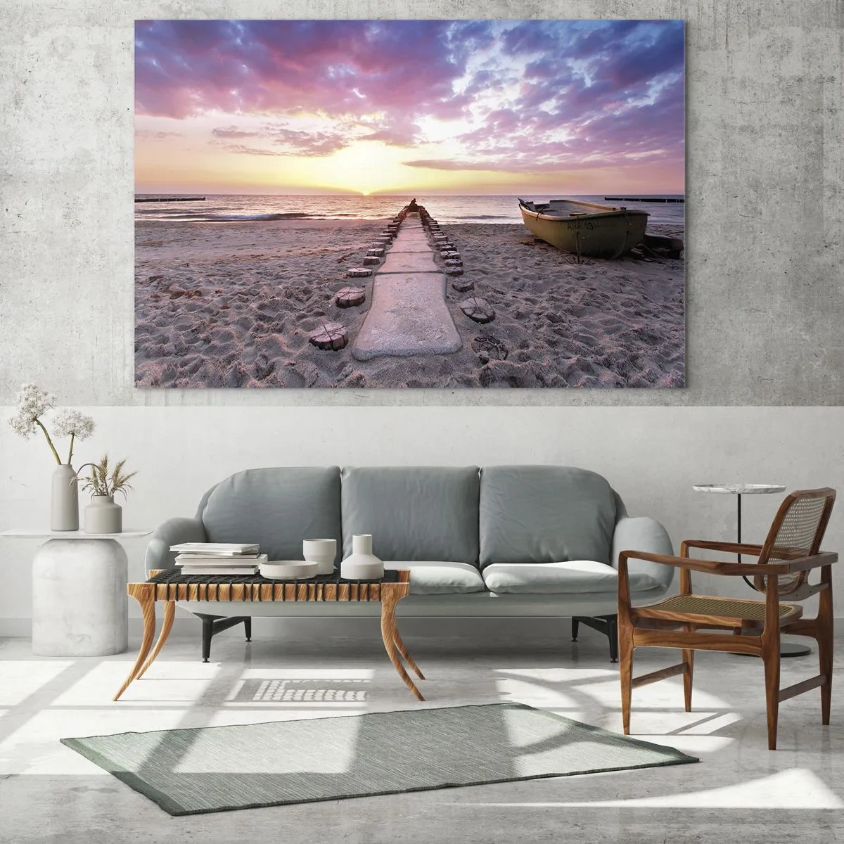Üveg kép - Naplemente strand hajóval és mólóval - 70x50cm - Egy pillanatnyi mély élmény - Modern fali dekoráció nappalihoz és hálószobához ARTTOR
