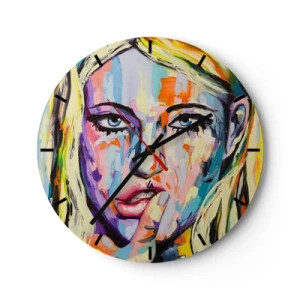 Falióra, Óra - Egy nő művészi portréja színes színekben - 30x30cm - Nézz egyenesen a szemébe - Modern fali dekoráció nappalihoz, konyhához és hálószobához ARTTOR