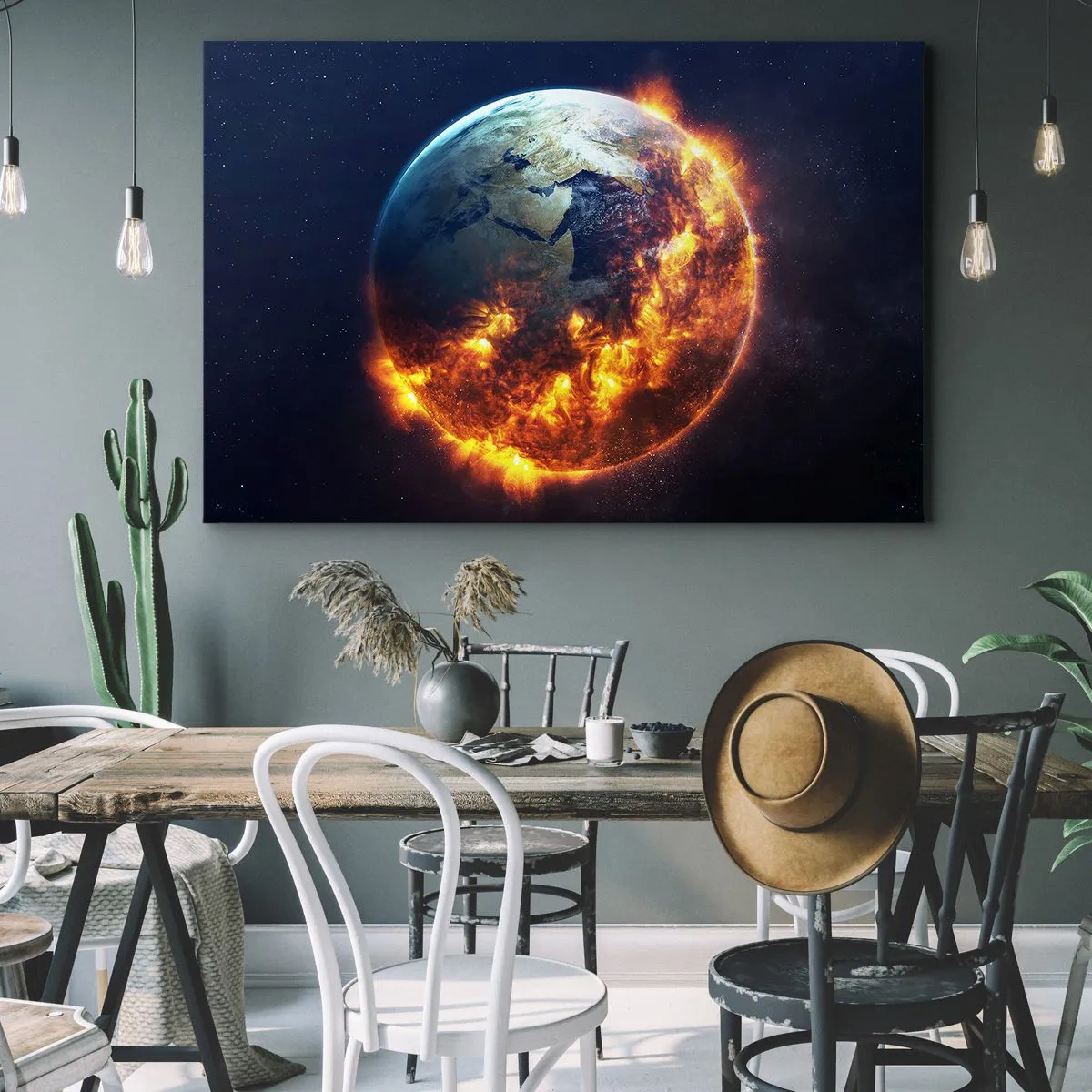 Vászonkép - Lángoló Föld bolygó a világűrben - 70x50cm - Az apokalipszis lángja - Modern fali dekoráció nappalihoz és hálószobához ARTTOR