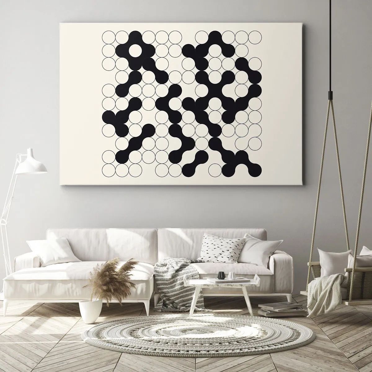 Vászonkép - Fekete-fehér minták körökkel világos háttéren - 70x50cm - Kínai játék - variáció - Modern fali dekoráció nappalihoz és hálószobához ARTTOR