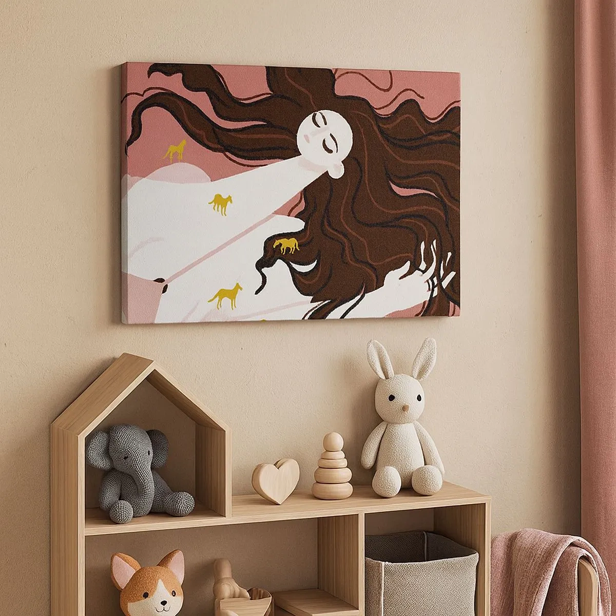 Vászonkép - Egy csukott szemű alak, aranyló lovakkal körülvéve - 70x50cm - Álom egy arany lóról - Modern fali dekoráció nappalihoz és hálószobához ARTTOR