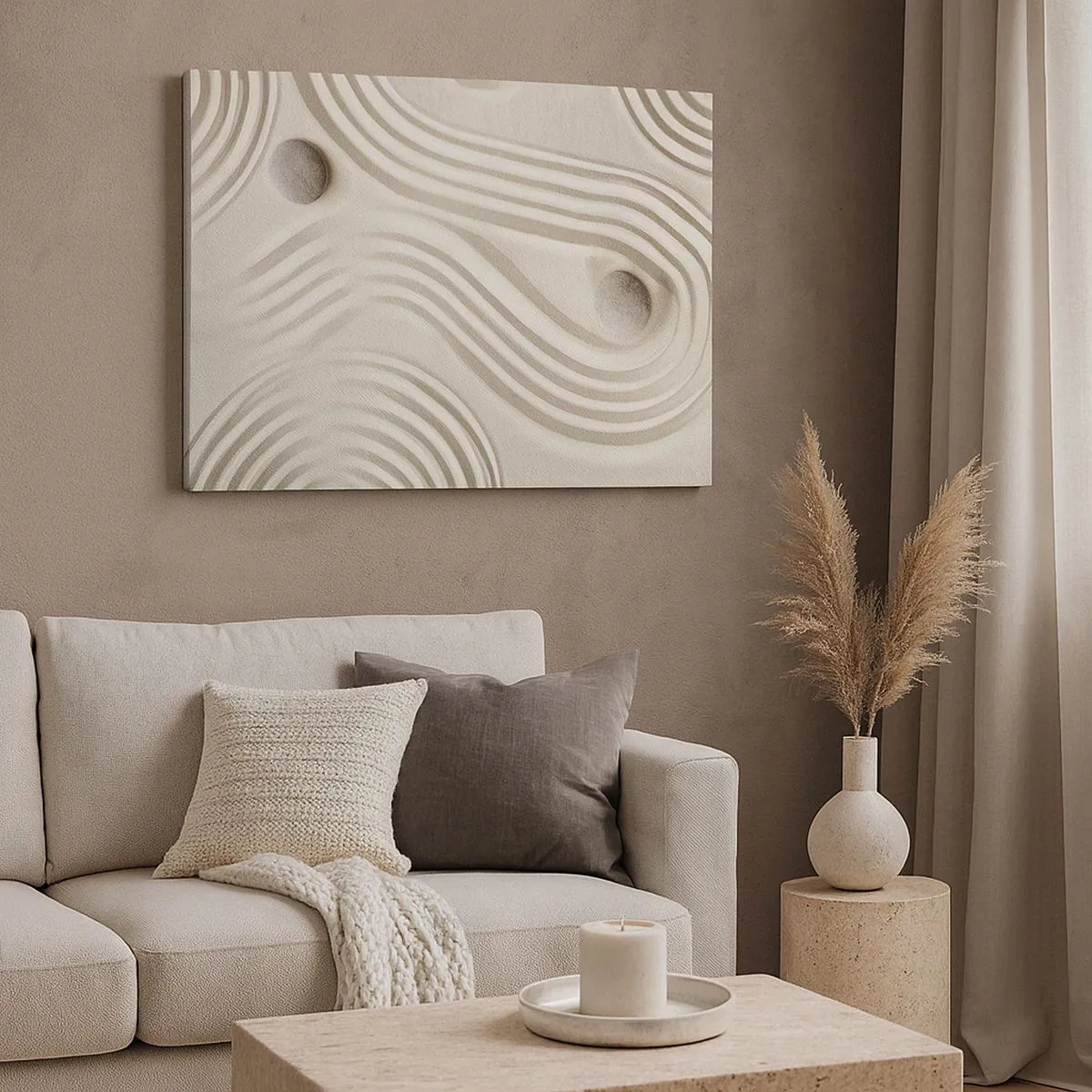Vászonkép - Minimalista zen dizájn homokkal és kövekkel - 70x50cm - A meleg érintése - Modern fali dekoráció nappalihoz és hálószobához ARTTOR