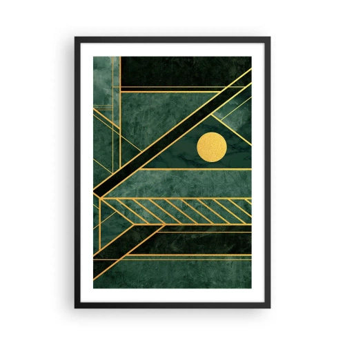 Poszter fehér keretben - Geometrikus absztrakció zöldben, arany díszítéssel - 50x70cm - Az arany és azúrkék dinamikája - Modern fali dekoráció nappalihoz és hálószobához ARTTOR