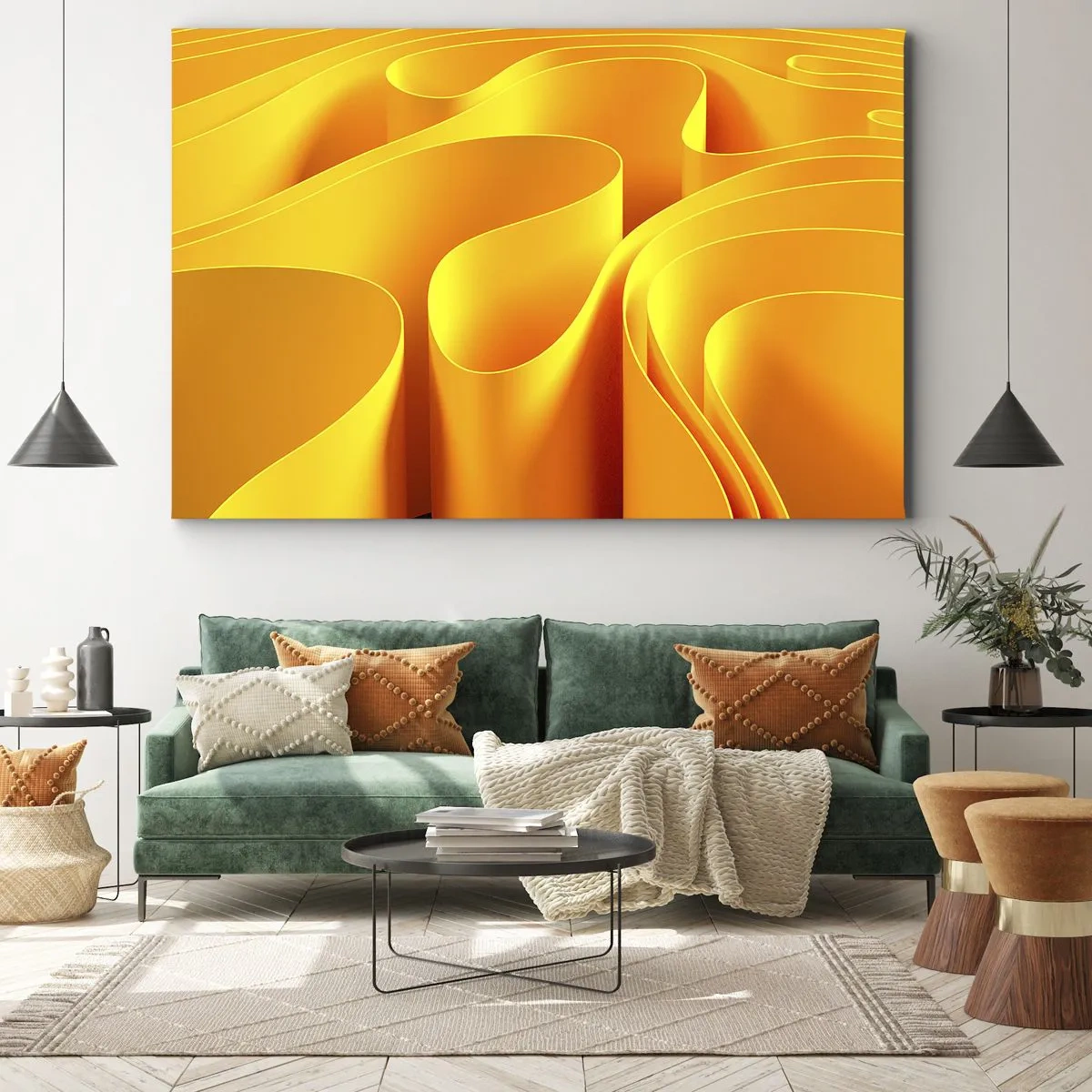 Vászonkép - Sárga absztrakt hullámok, amelyek napsugarakra emlékeztetnek - 70x50cm - Mint a nap hullámai - Modern fali dekoráció nappalihoz és hálószobához ARTTOR