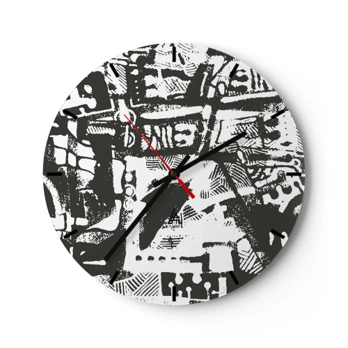 Falióra, Óra - Fekete-fehér absztrakt minta geometriai alakzatokkal - 30x30cm - Rend vagy káosz? - Modern fali dekoráció nappalihoz, konyhához és hálószobához ARTTOR