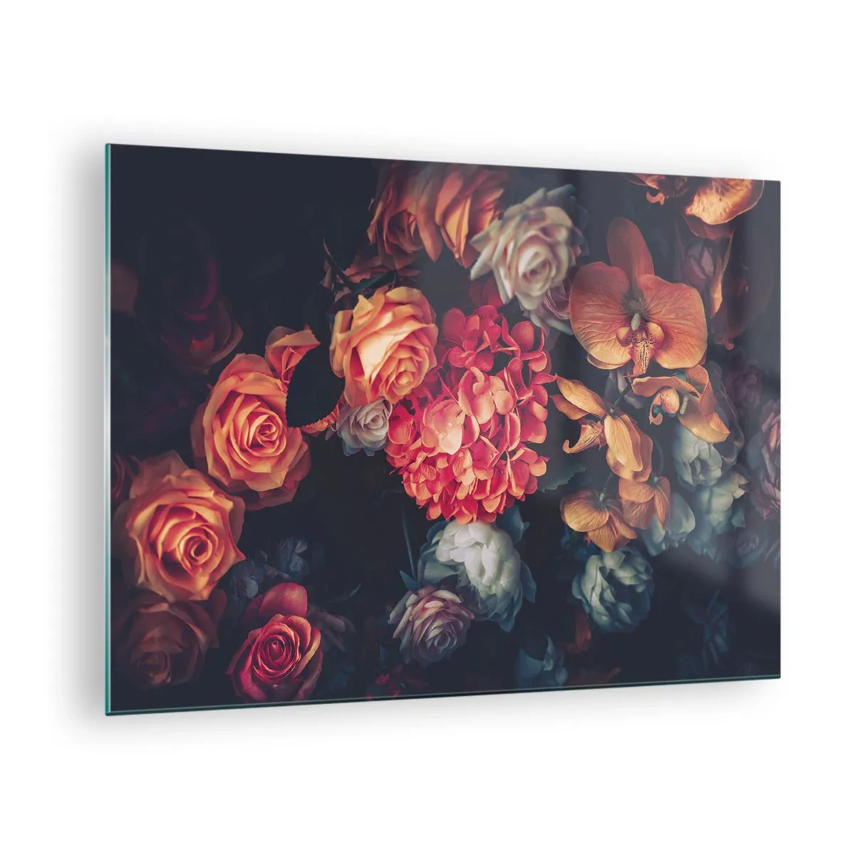 Üveg kép - Sötét virágkompozíció rózsákkal és orchideákkal - 70x50cm - Mint a holland mestereknél - Modern fali dekoráció nappalihoz és hálószobához ARTTOR