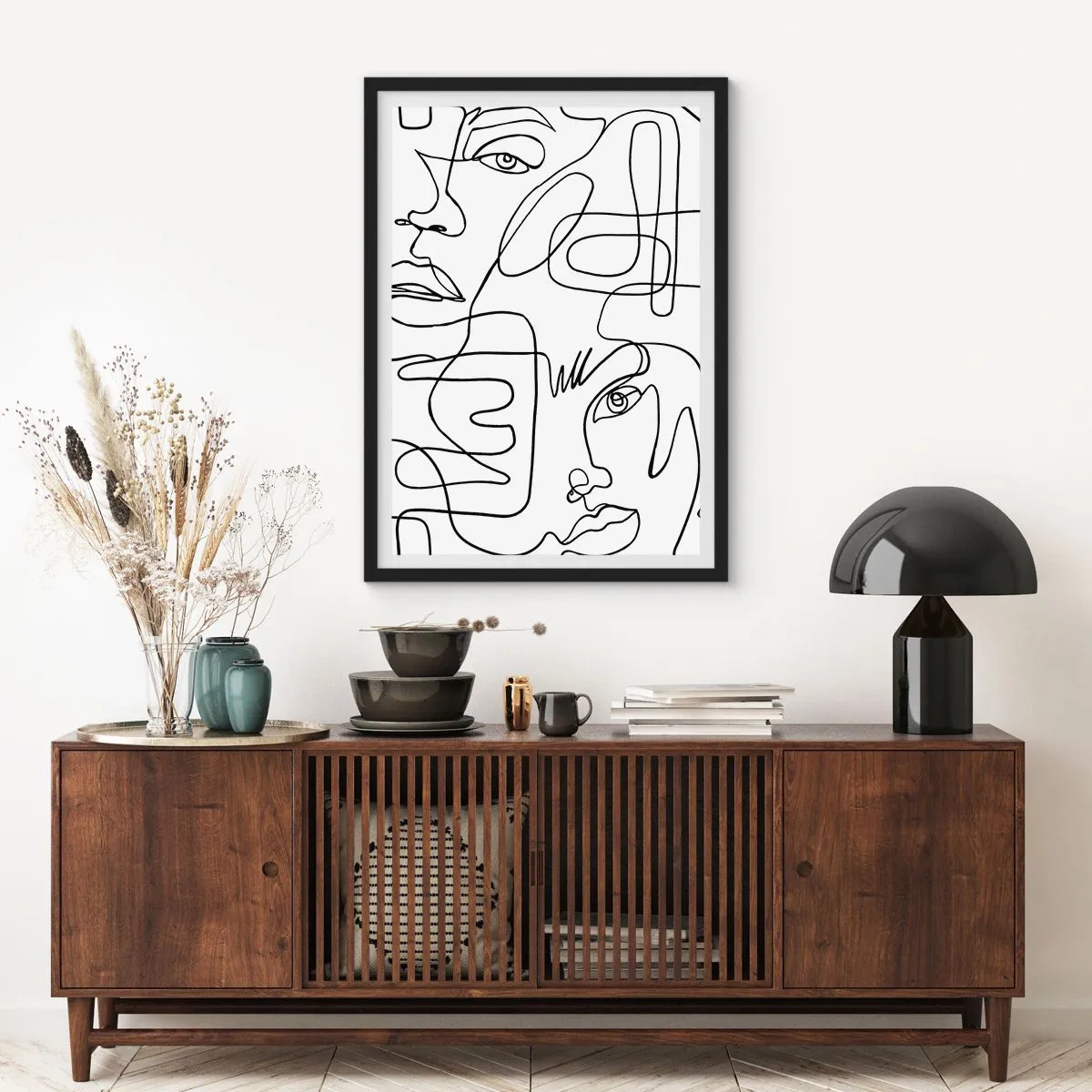 Poszter fehér keretben - Egy vonallal rajzolt absztrakt arcok - 50x70cm - Összegabalyodott érzelmekben - Modern fali dekoráció nappalihoz és hálószobához ARTTOR