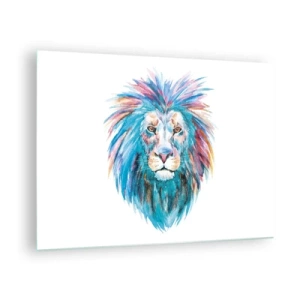 Üveg kép - Színes portré egy oroszlánról művészi stílusban - 70x50cm - Felvillanyozó aura - Modern fali dekoráció nappalihoz és hálószobához ARTTOR