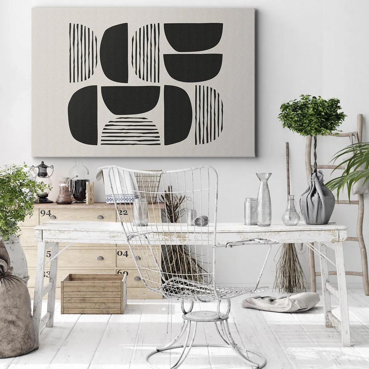 Vászonkép - Geometria félkörökkel és fekete vonalakkal világos háttér előtt - 70x50cm - Félszívű megállapodások - Modern fali dekoráció nappalihoz és hálószobához ARTTOR