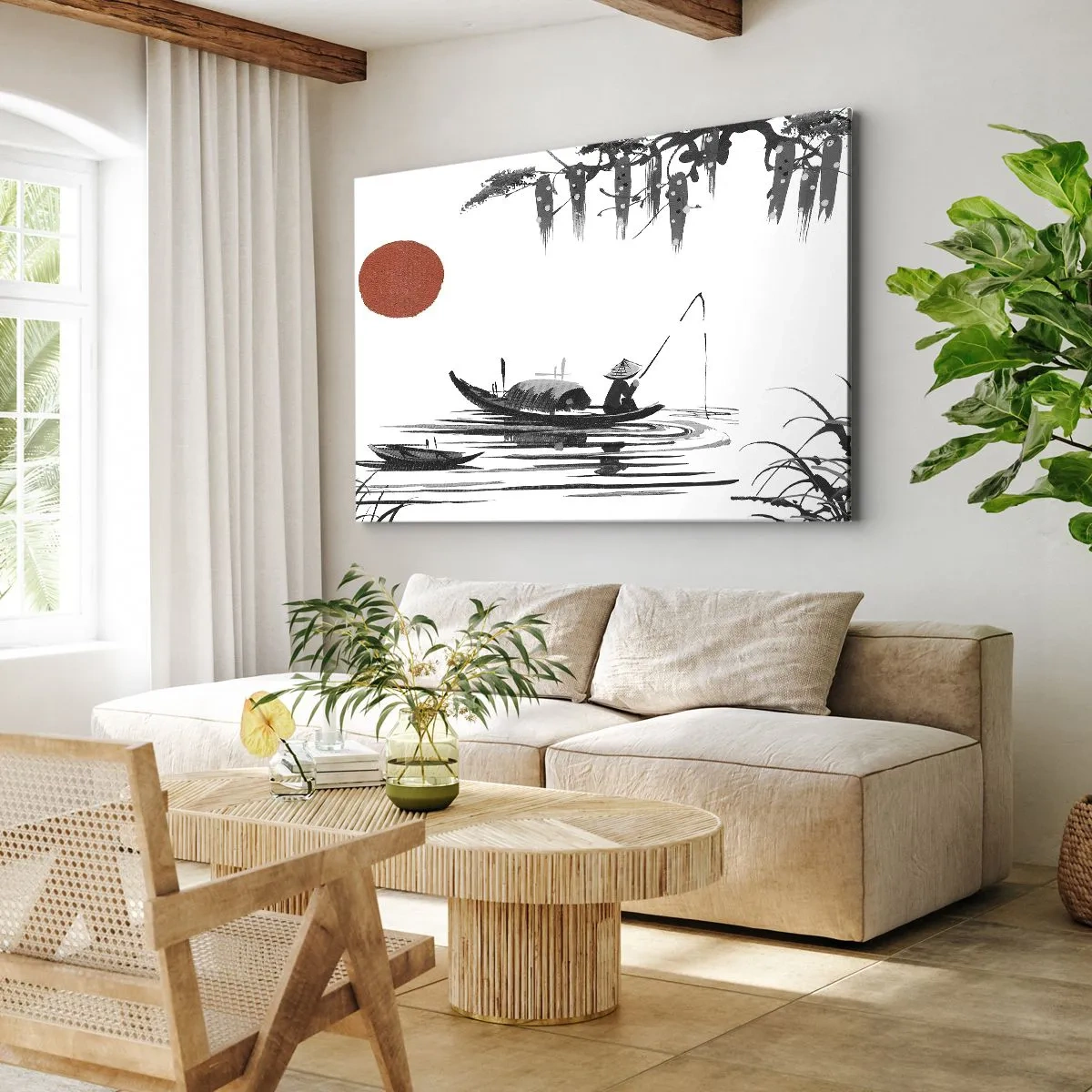 Vászonkép - Keleti táj egy halásszal egy csónakban és egy vörös nappal - 70x50cm - Ázsiai délután - Modern fali dekoráció nappalihoz és hálószobához ARTTOR