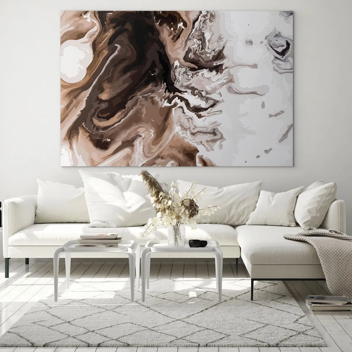 Üveg kép - Absztrakt minta sötét barna és fehér árnyalatokban - 70x50cm - Színkontraszt - Modern fali dekoráció nappalihoz és hálószobához ARTTOR