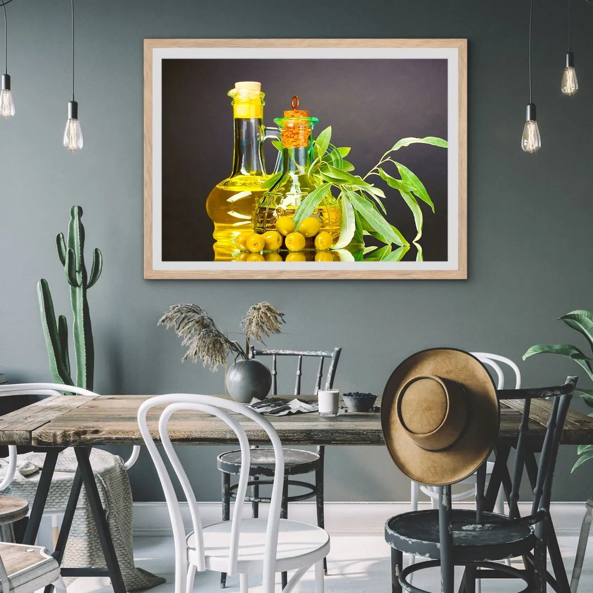 Poszter világos tölgy keretben - Csendélet olívabogyóval és olívaolajjal - 100x70 cm