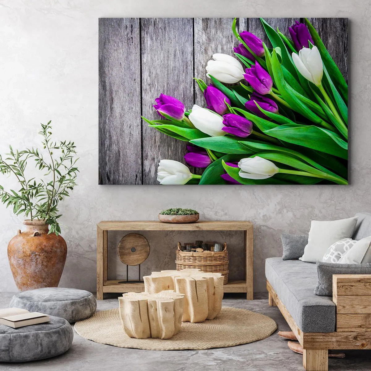 Vászonkép - Egy csokor lila és fehér tulipánok fából készült háttéren - 70x50cm - Egy tavaszi ünnep napján - Modern fali dekoráció nappalihoz és hálószobához ARTTOR