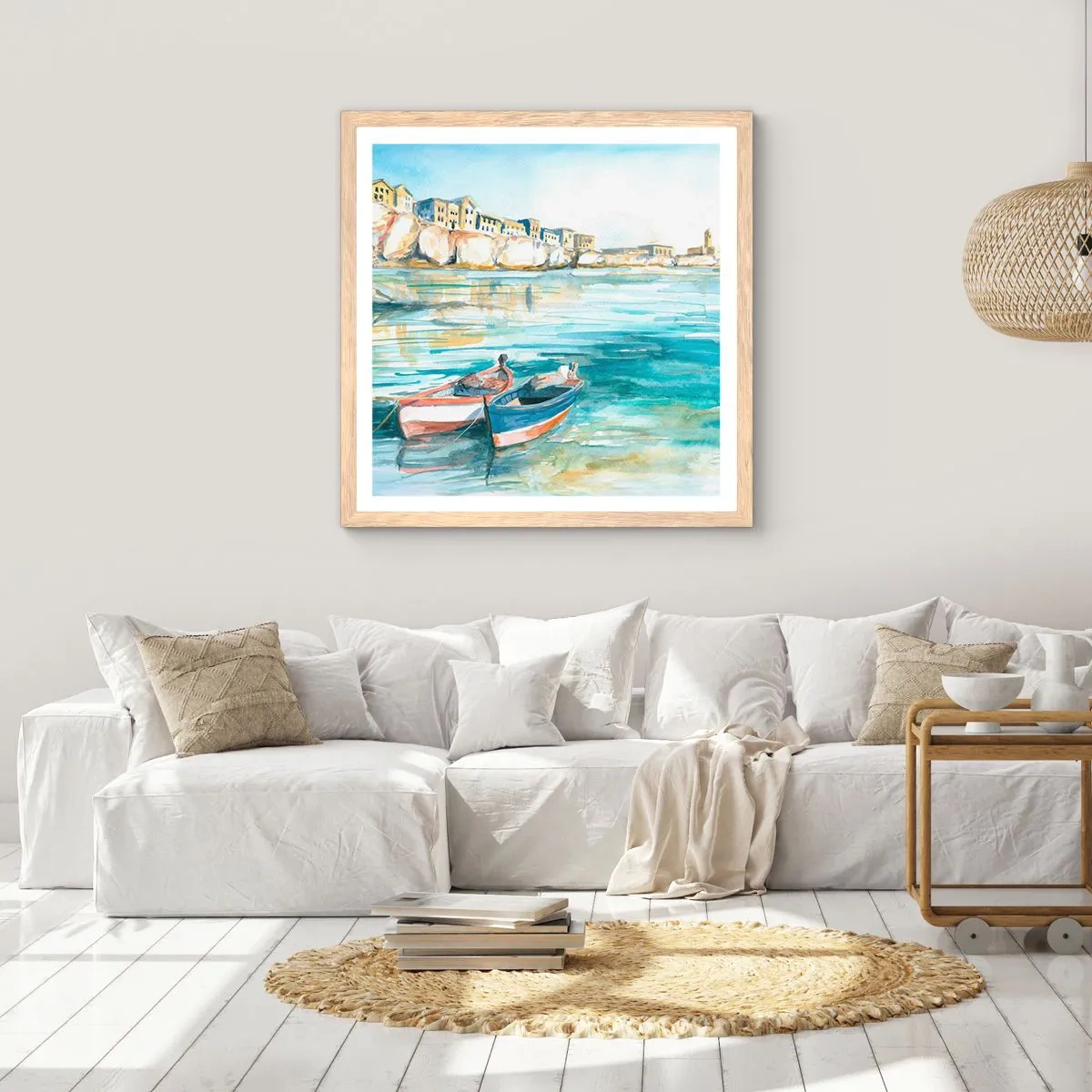 Poszter világos tölgy keretben - Tájkép azúrkéken - 60x60 cm