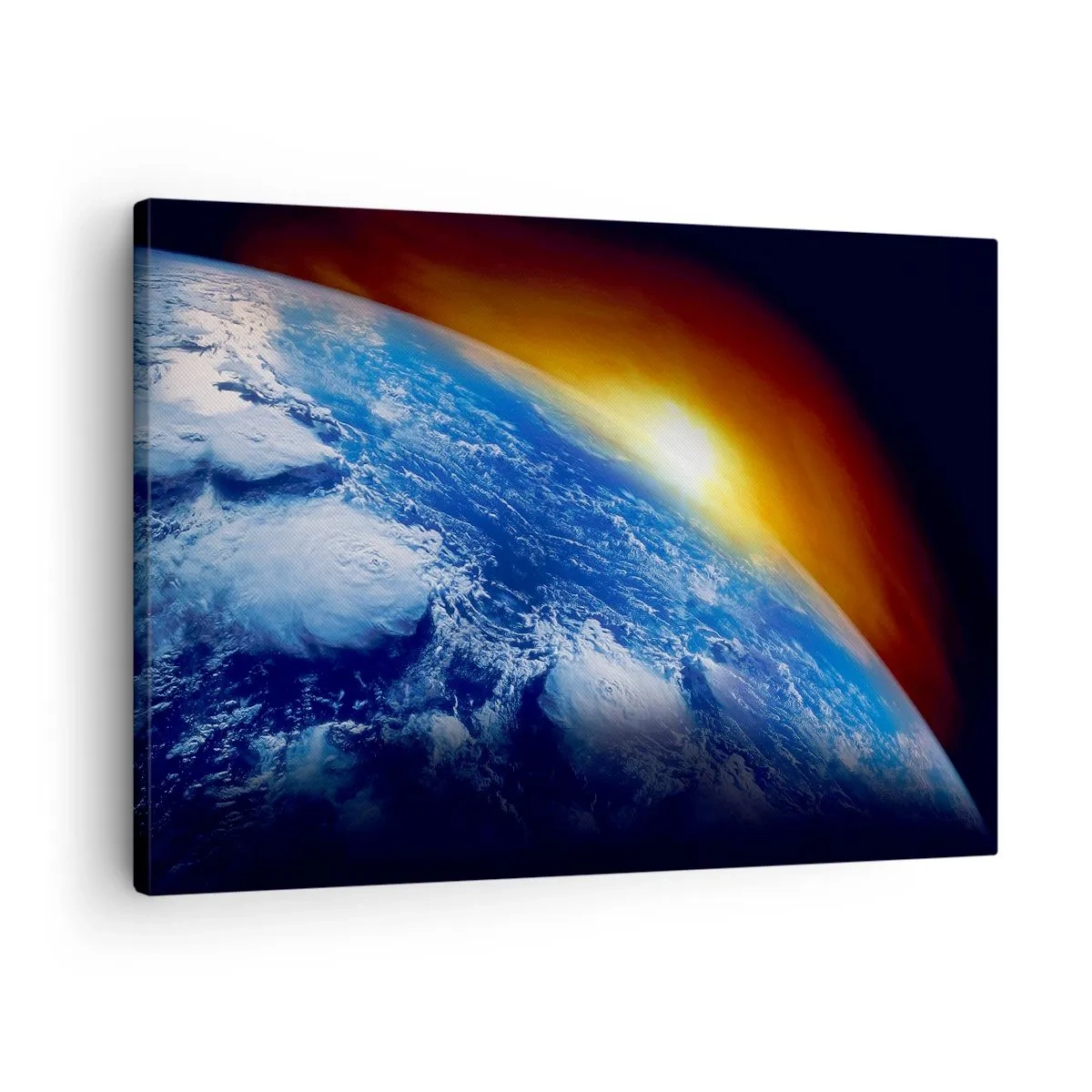 Vászonkép - A Föld látképe az űrből naplementekor - 70x50cm - Napkelte a kék bolygó felett - Modern fali dekoráció nappalihoz és hálószobához ARTTOR