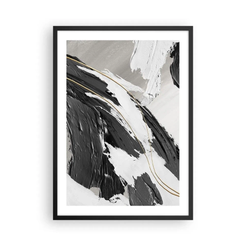 Poszter fehér keretben - Absztrakt ecsetvonások fekete, fehér és arany színben - 50x70cm - Absztrakció érzékkel - Modern fali dekoráció nappalihoz és hálószobához ARTTOR