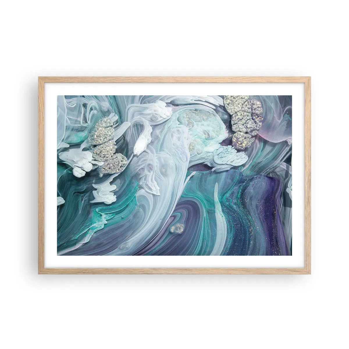 Poszter világos tölgy keretben - Kék áramlatok - 70x50 cm