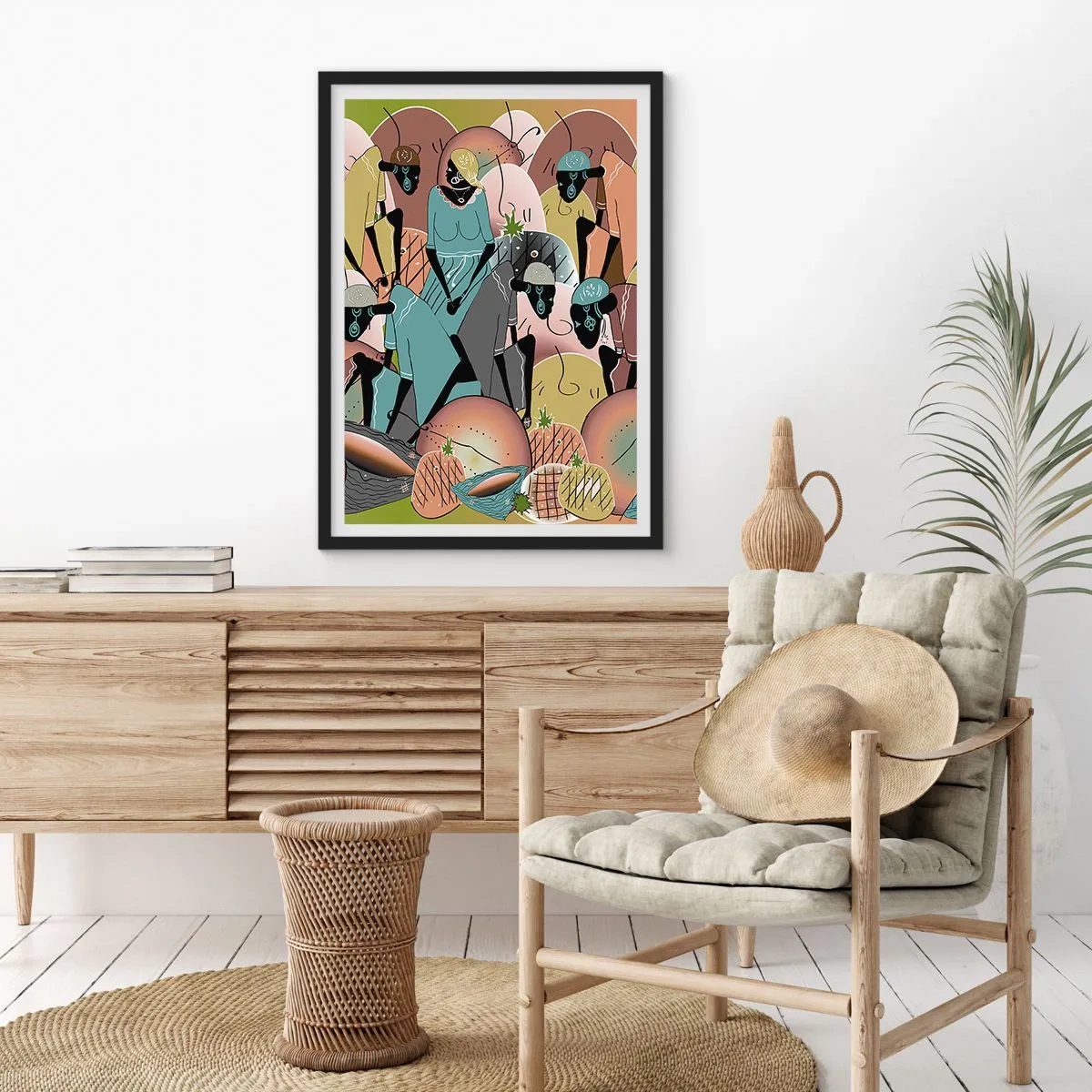 Poszter fehér keretben - Afrikai alakok stilizált kompozíciója pasztellszínű gyümölcsökkel. - 50x70cm - Jön a nagy ünnep  - Modern fali dekoráció nappalihoz és hálószobához ARTTOR