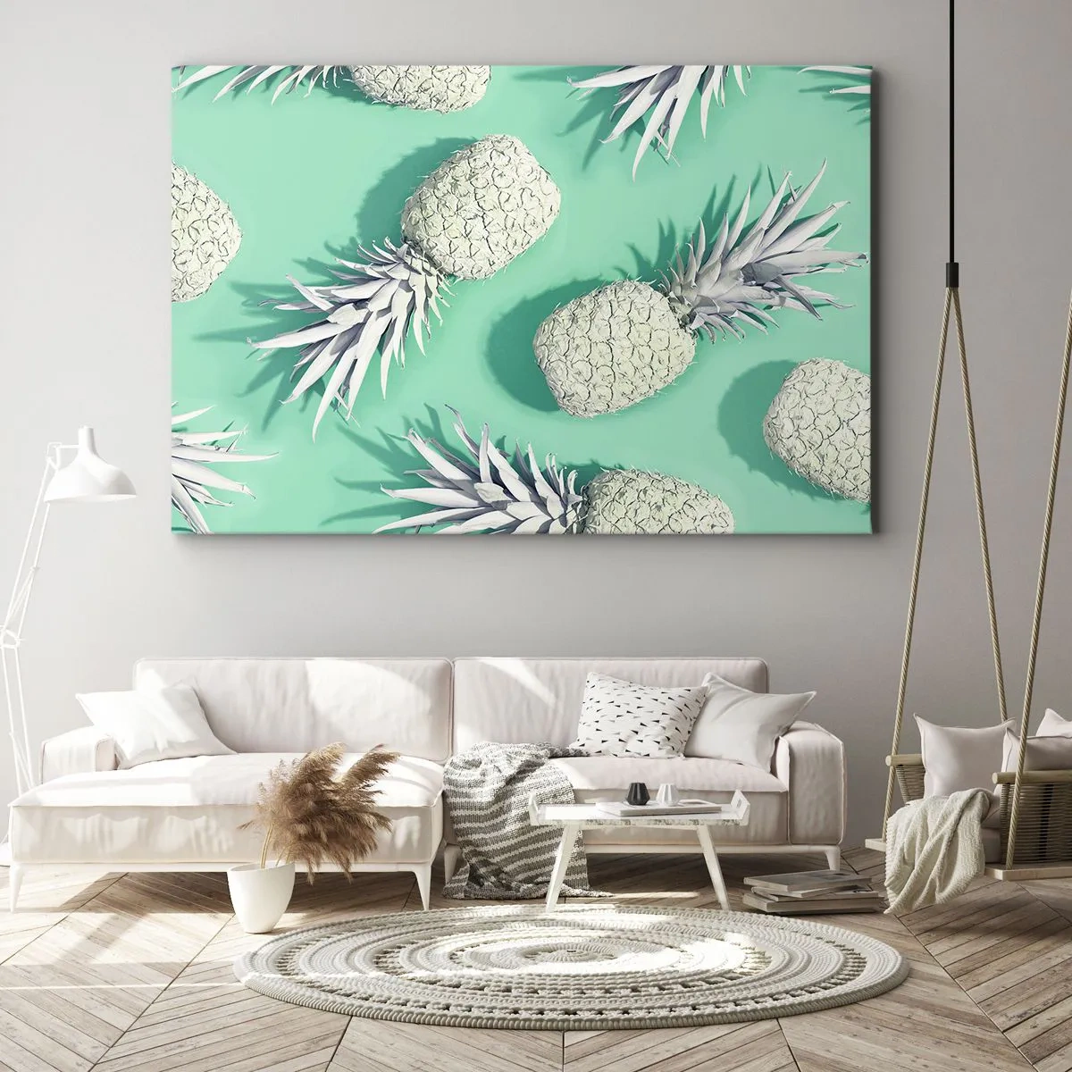 Vászonkép - Fehér ananász pasztell alapon, minimalista stílusban - 70x50cm - jól megy a mentával - Modern fali dekoráció nappalihoz és hálószobához ARTTOR