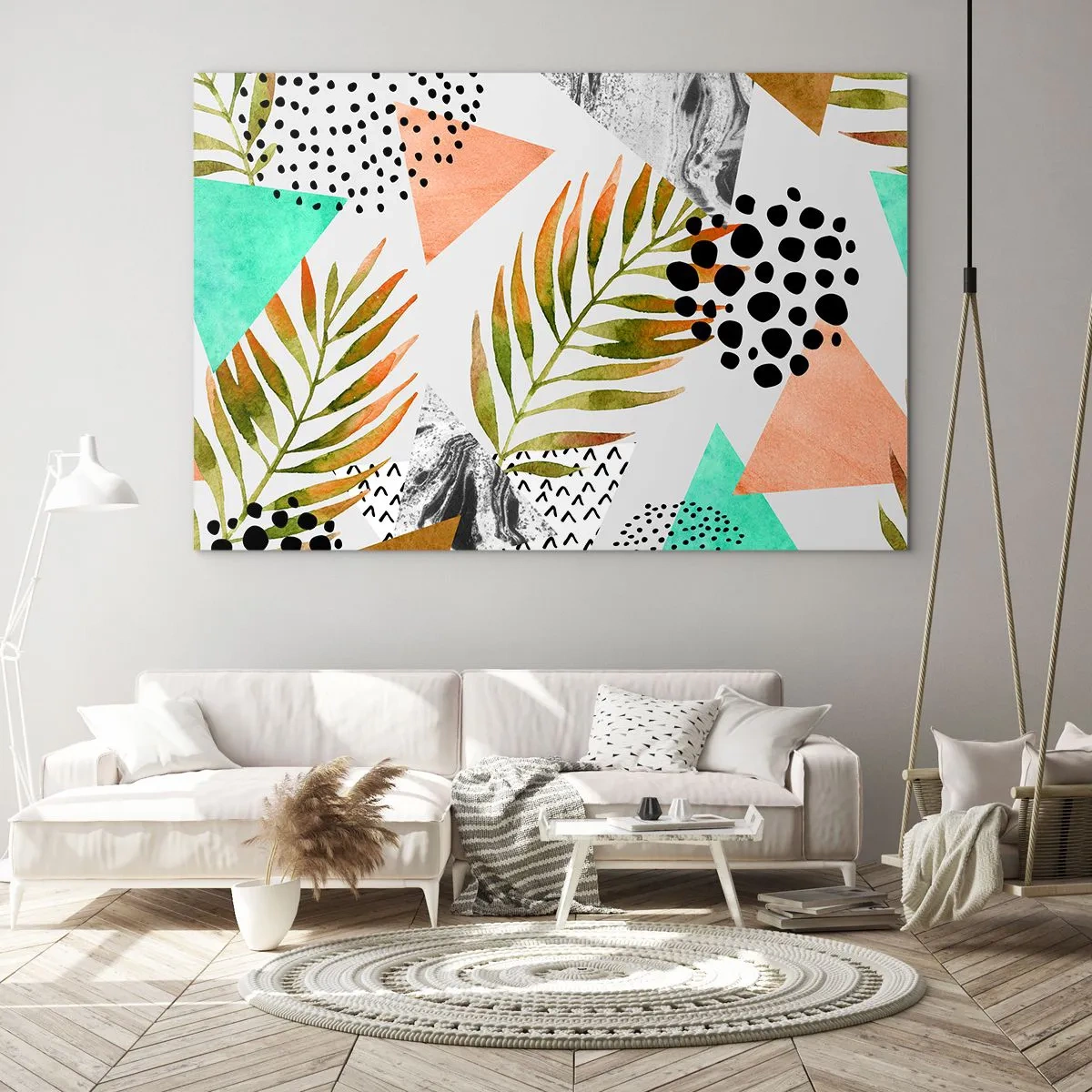 Üveg kép - Geometriai alakzatok és pasztellszínű levelek - 70x50cm - Dekoráció pálmalevéllel - Modern fali dekoráció nappalihoz és hálószobához ARTTOR
