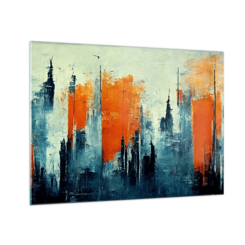 Üveg kép - Modern városi panoráma szürke és narancssárga árnyalatokban - 70x50cm - Kortárs tájkép - Modern fali dekoráció nappalihoz és hálószobához ARTTOR
