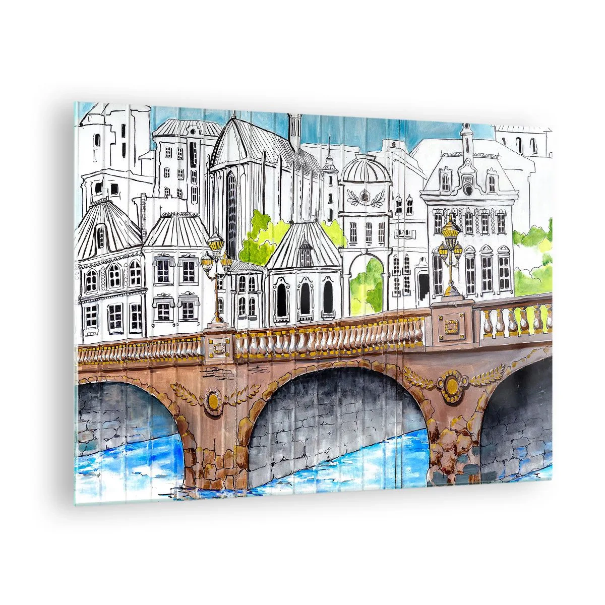 Üveg kép - A híd és a városi építészet akvarell vázlat formájában - 70x50cm - Város mint a festményről - Modern fali dekoráció nappalihoz és hálószobához ARTTOR