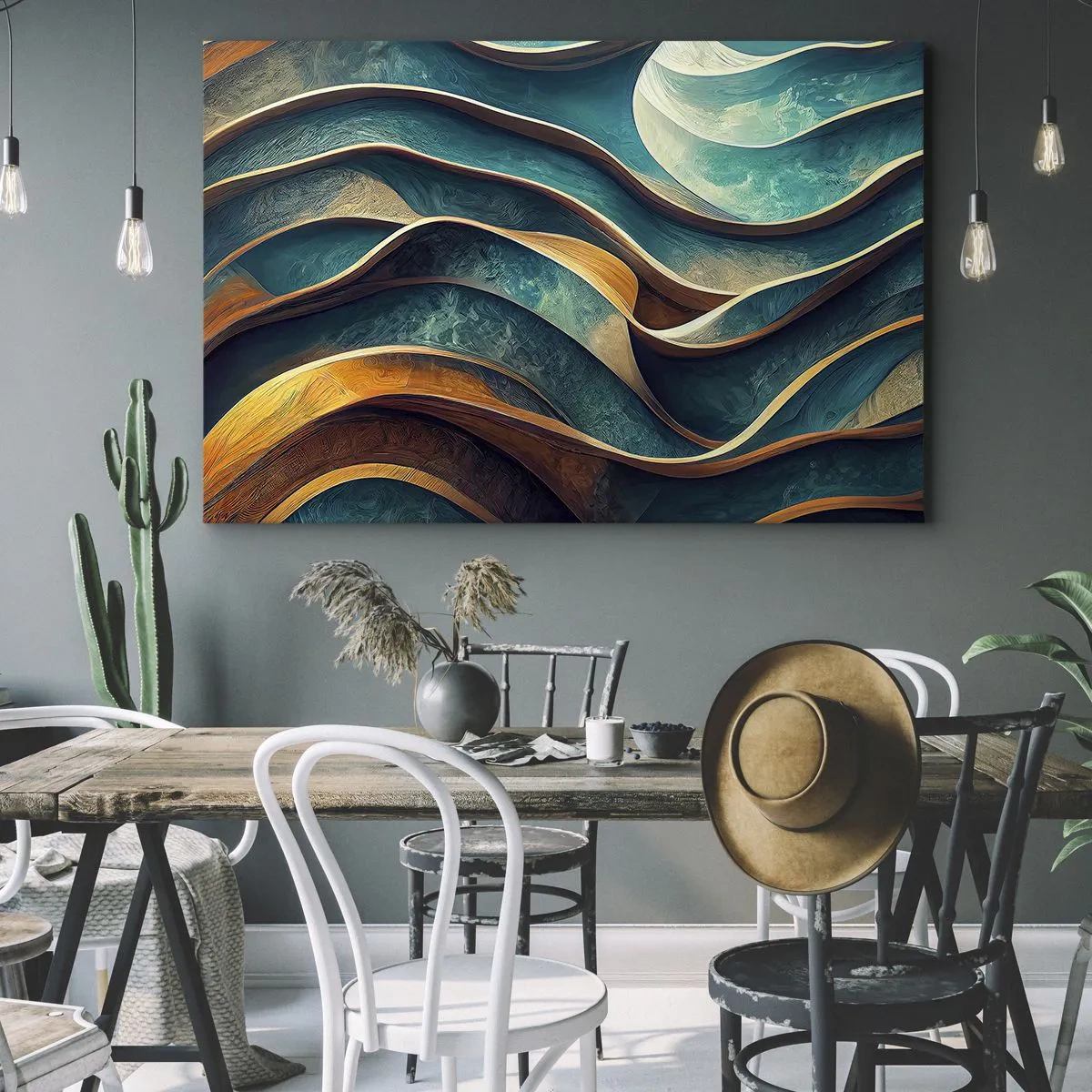 Vászonkép - Absztrakt hullámok türkiz és arany árnyalatokban - 70x50cm - Kék kanyarulatok - Modern fali dekoráció nappalihoz és hálószobához ARTTOR