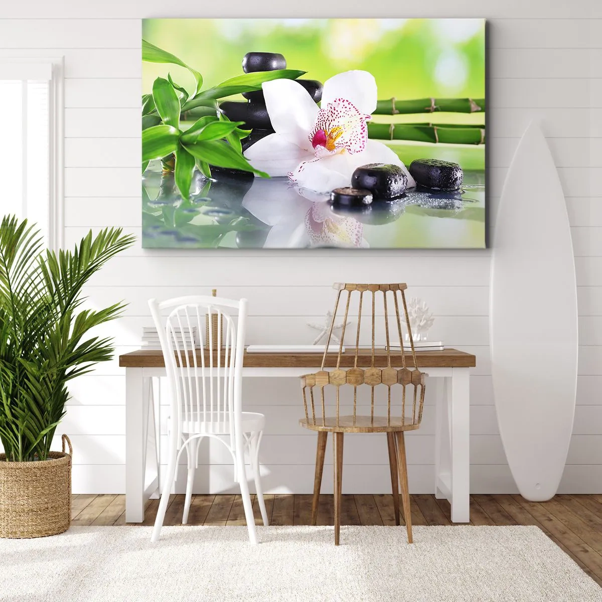 Vászonkép - Orchidea, kövek és bambusz harmonikus spa kompozícióban - 70x50cm - Hűvös frissesség - Modern fali dekoráció nappalihoz és hálószobához ARTTOR