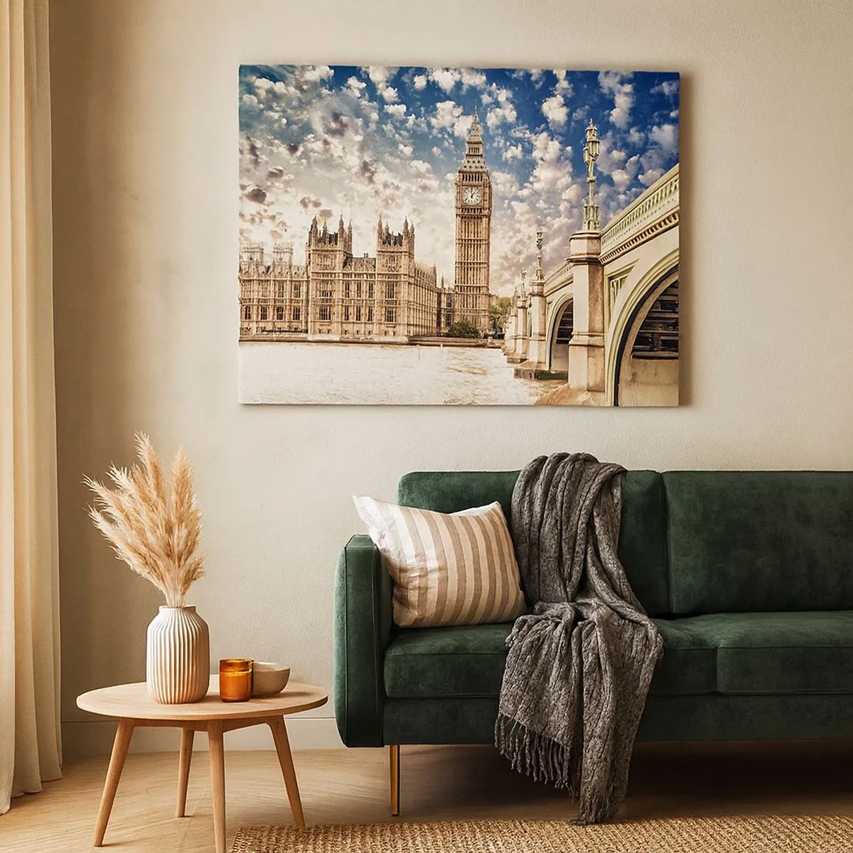 Vászonkép - Big Ben és Westminster híd Londonban, a napfény fényében - 70x50cm - Tollas felhők a Temze felett - Modern fali dekoráció nappalihoz és hálószobához ARTTOR