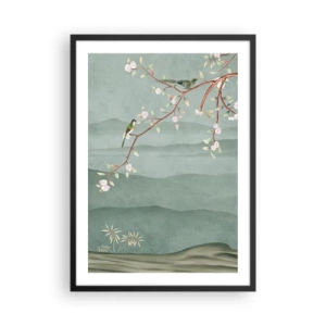 Poszter fehér keretben - Madarak egy virágzó ágon, kilátással a dombokra - 50x70cm - Tavasz, ah, te vagy az - Modern fali dekoráció nappalihoz és hálószobához ARTTOR