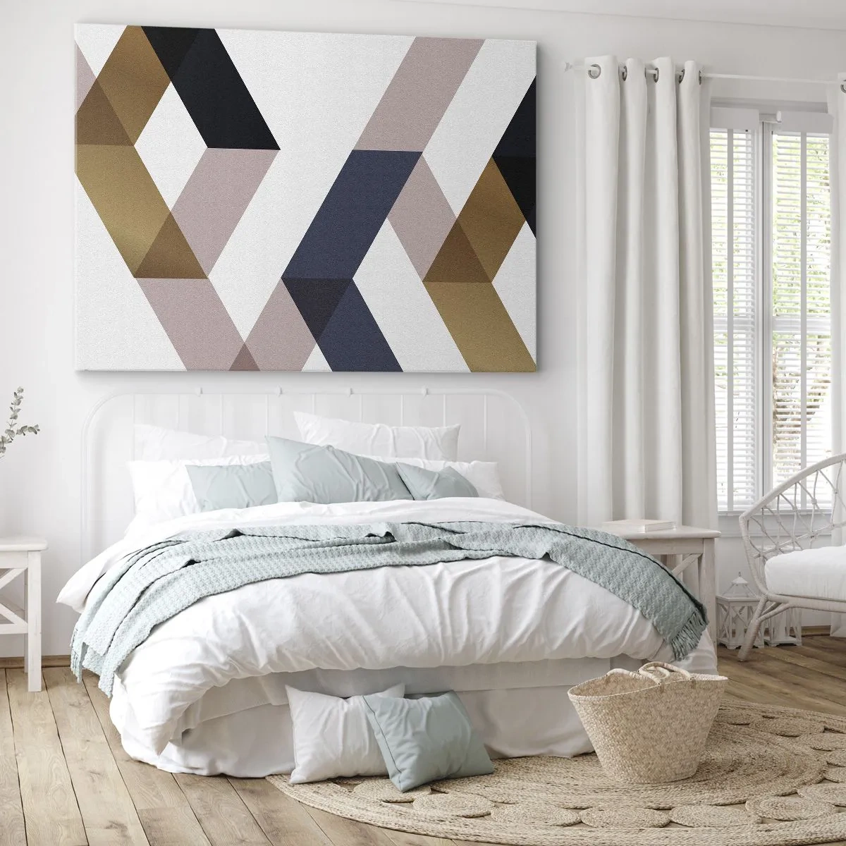 Vászonkép - Geometrikus minták arany és sötétkék árnyalatokban - 70x50cm - Síkok és szögek - Modern fali dekoráció nappalihoz és hálószobához ARTTOR