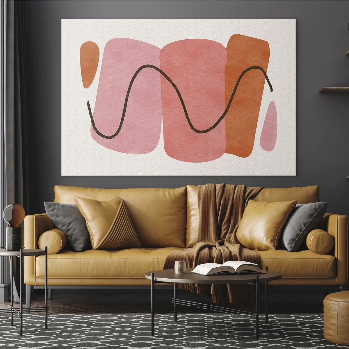 Üveg kép - Rózsaszín és narancssárga absztrakt formák fekete vonallal - 70x50cm - Formák szelíd mozgása - Modern fali dekoráció nappalihoz és hálószobához ARTTOR