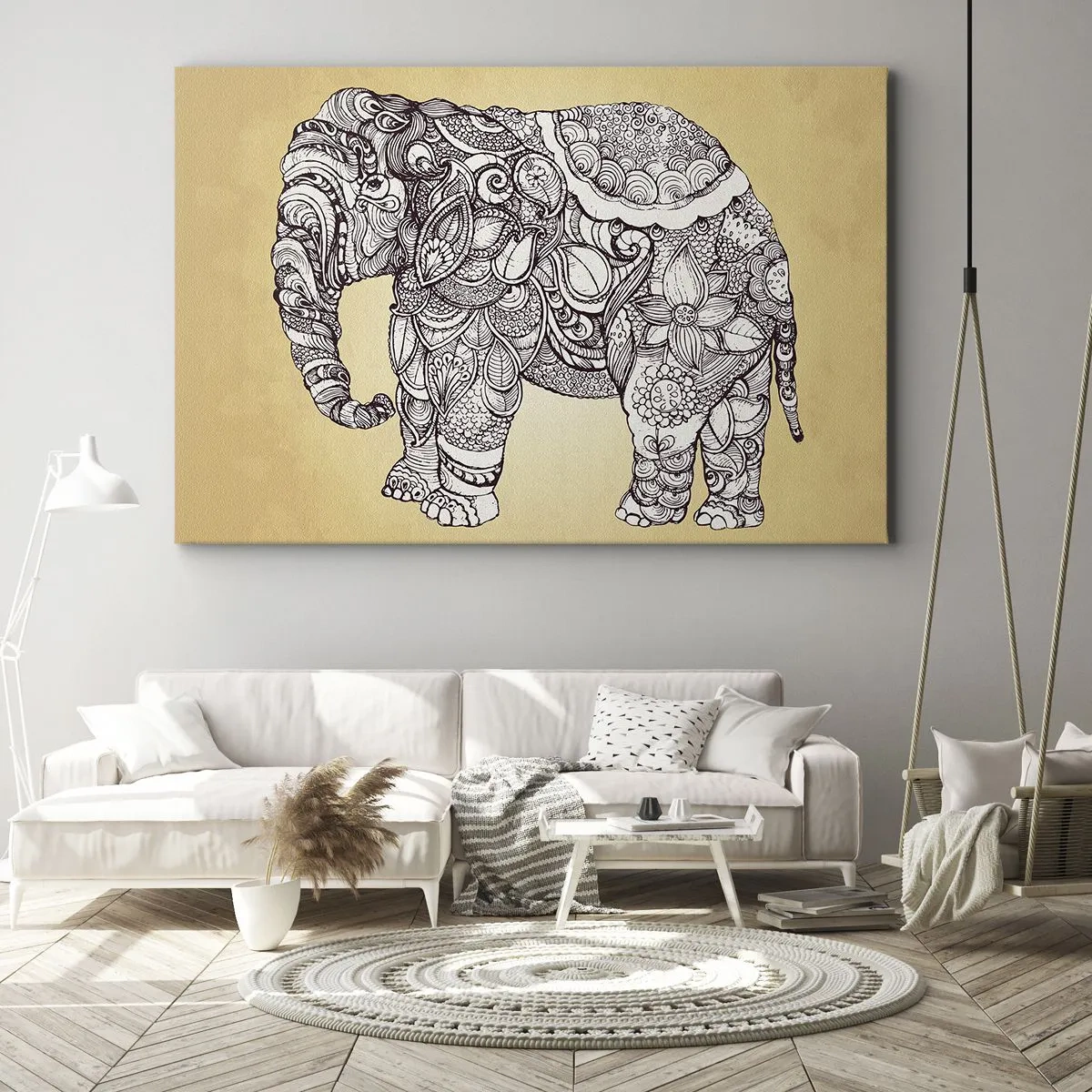 Vászonkép - Kézzel rajzolt elefánt díszes mintával bézs alapon - 70x50cm - Az elefánt megvakult - Modern fali dekoráció nappalihoz és hálószobához ARTTOR